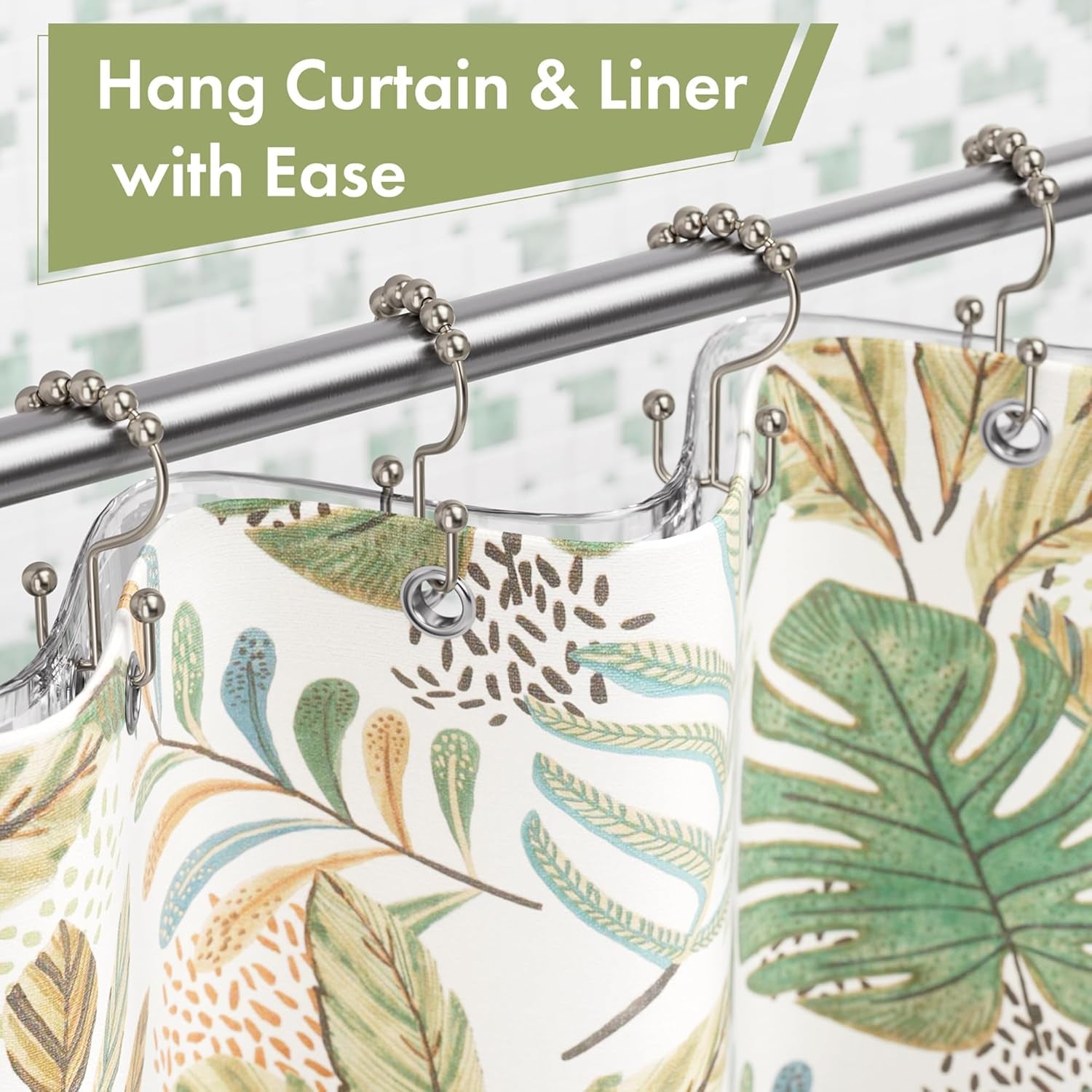 Shower Curtain Rings, Rust-Resistant Metal Double Shower Hooks for Curtain Rolling Shower Curtain Hooks Rings Shower Rings for Bathroom Shower Curtain Rod , Nickel, Set of 12 Rings