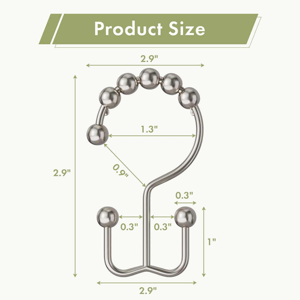 Shower Curtain Rings, Rust-Resistant Metal Double Shower Hooks for Curtain Rolling Shower Curtain Hooks Rings Shower Rings for Bathroom Shower Curtain Rod , Nickel, Set of 12 Rings
