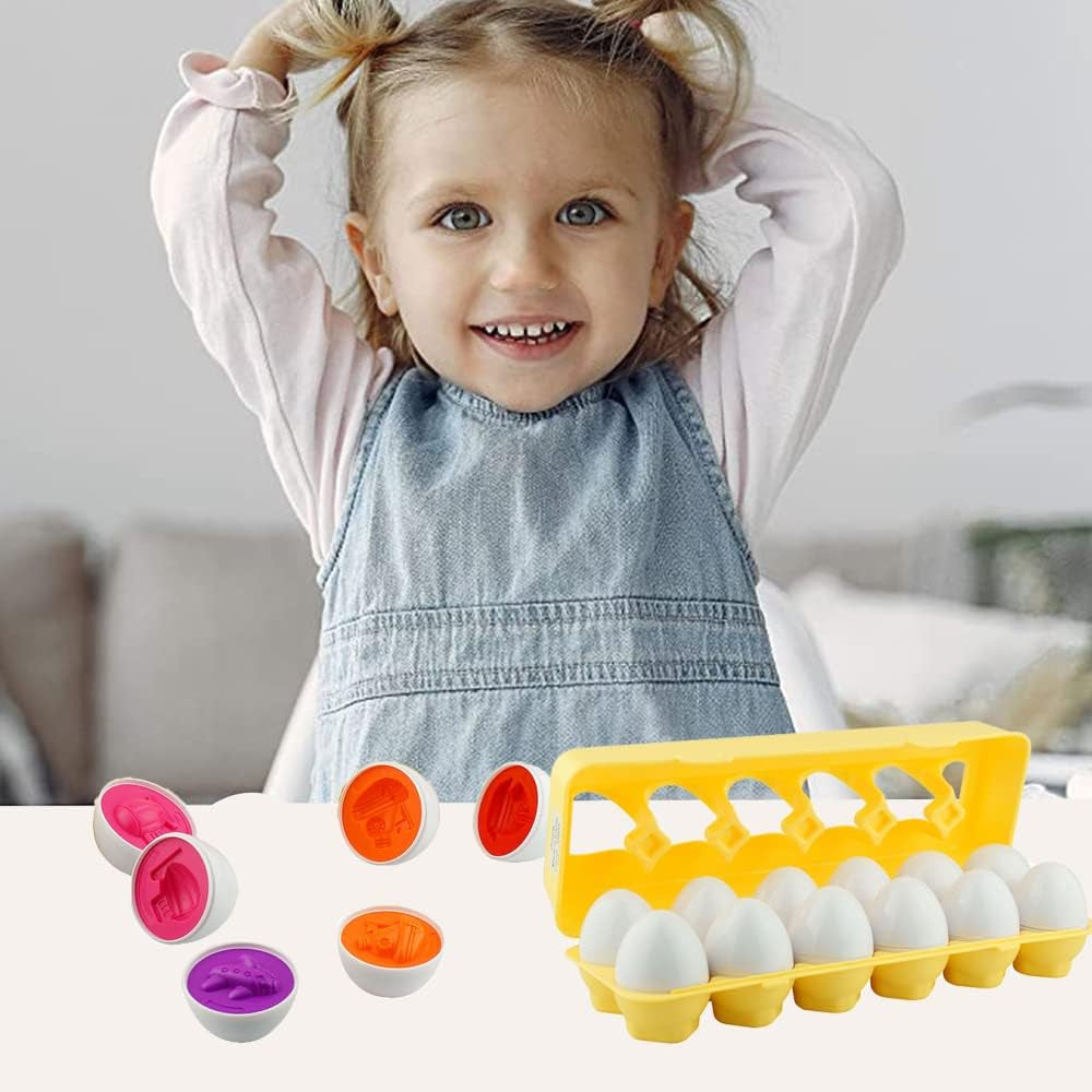 12 Vehicle Car Egg Matching Toy Play Matching Eggs Easter Toy W/Holder - Egg Toys for Toddlers STEM Egg Toys - Colors & Shapes Recognition Toys for Kids - Educational Color Sorting Toy Eggs