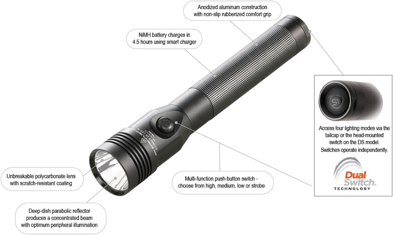 Streamlight 75458 Stinger DS LED HL 800-Lumen Rechargeable Dual Switch Flashlight with 120-Volt Ac/12-Volt DC Smart Charge Piggyback Charger (Nimh), Black